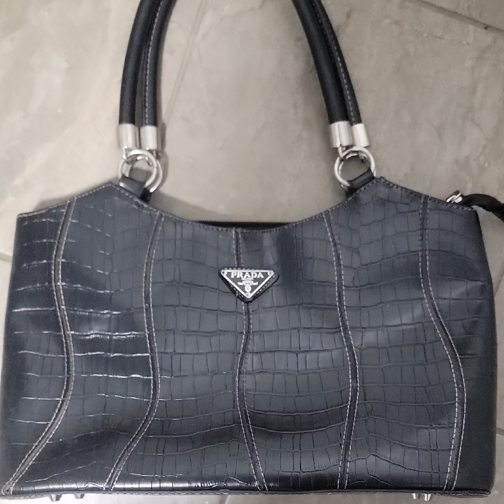Faux Prada Black Leather Snakeskin Tote Bag Handbag